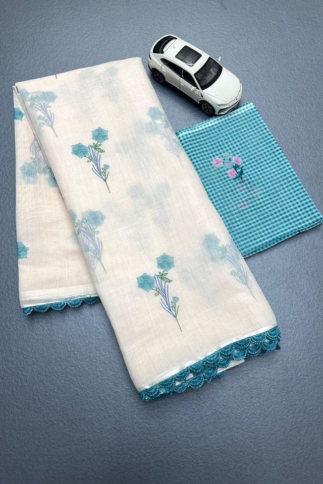 Off White Floral Printed Cotton Saree (ACB1431)