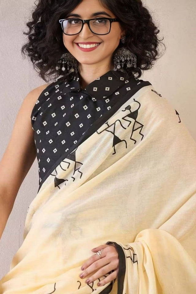 Yellow Warli Art Printed Cotton Saree (ACB1432)