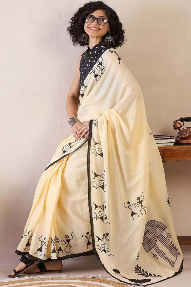 Yellow Warli Art Printed Cotton Saree (ACB1432)
