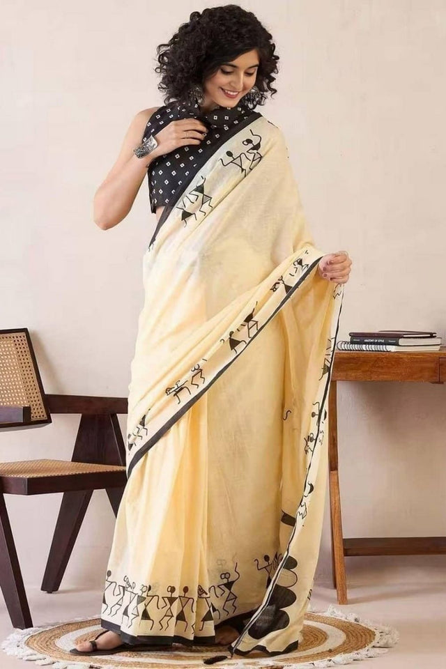 Yellow Warli Art Printed Cotton Saree (ACB1432)