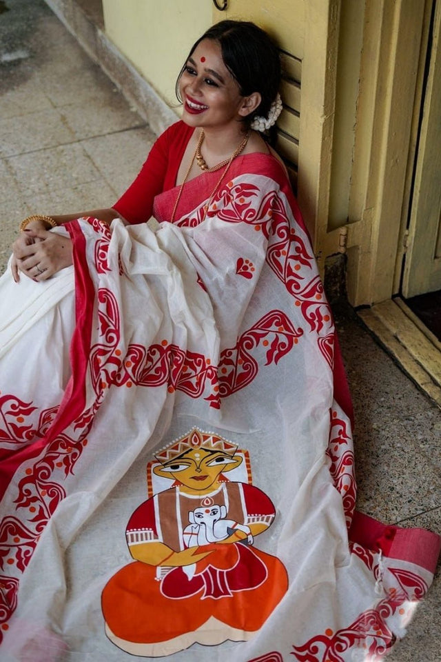 Red Printed Cotton Saree (ACB1433)