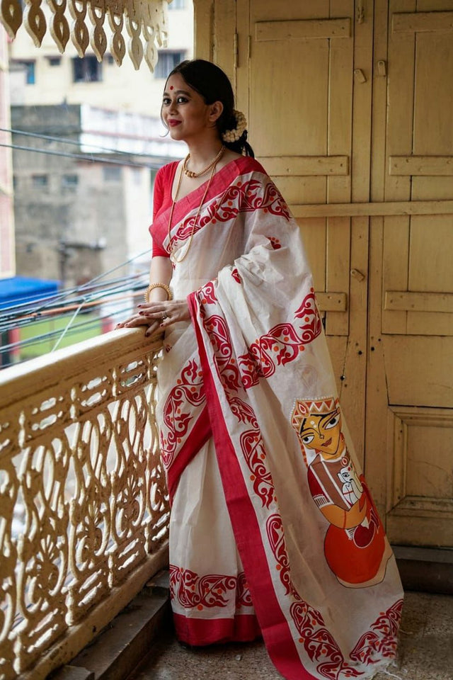 Red Printed Cotton Saree (ACB1433)