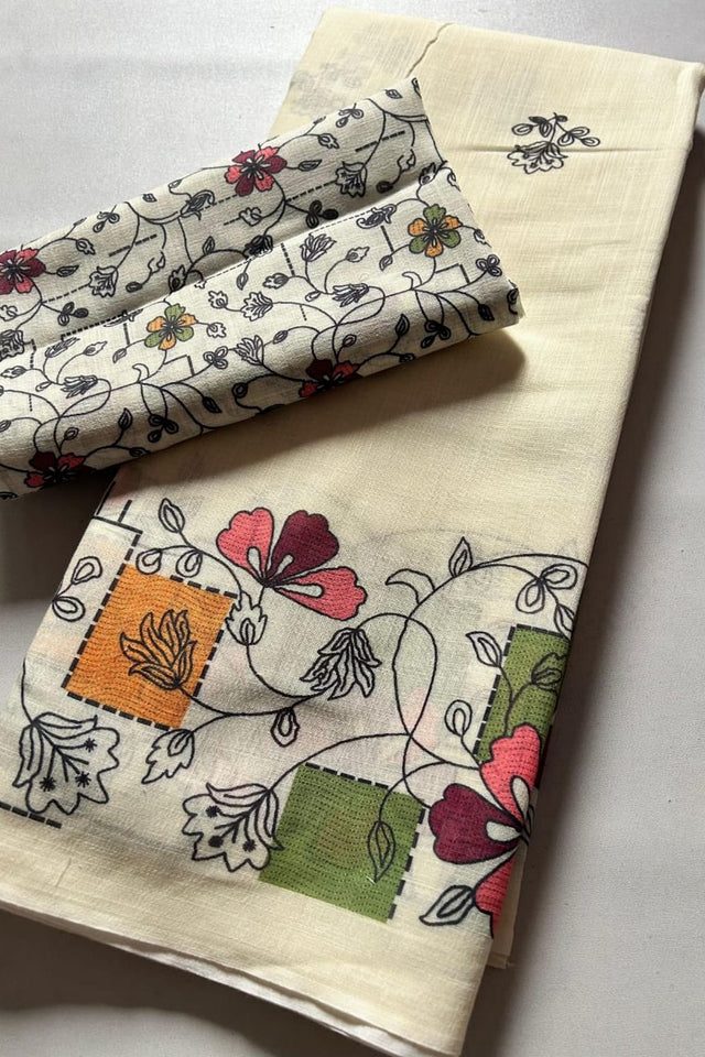 Cream Floral Printed Cotton Saree (ACB1434)
