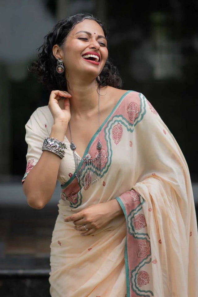 Peach Printed Cotton Saree (ACB1435)