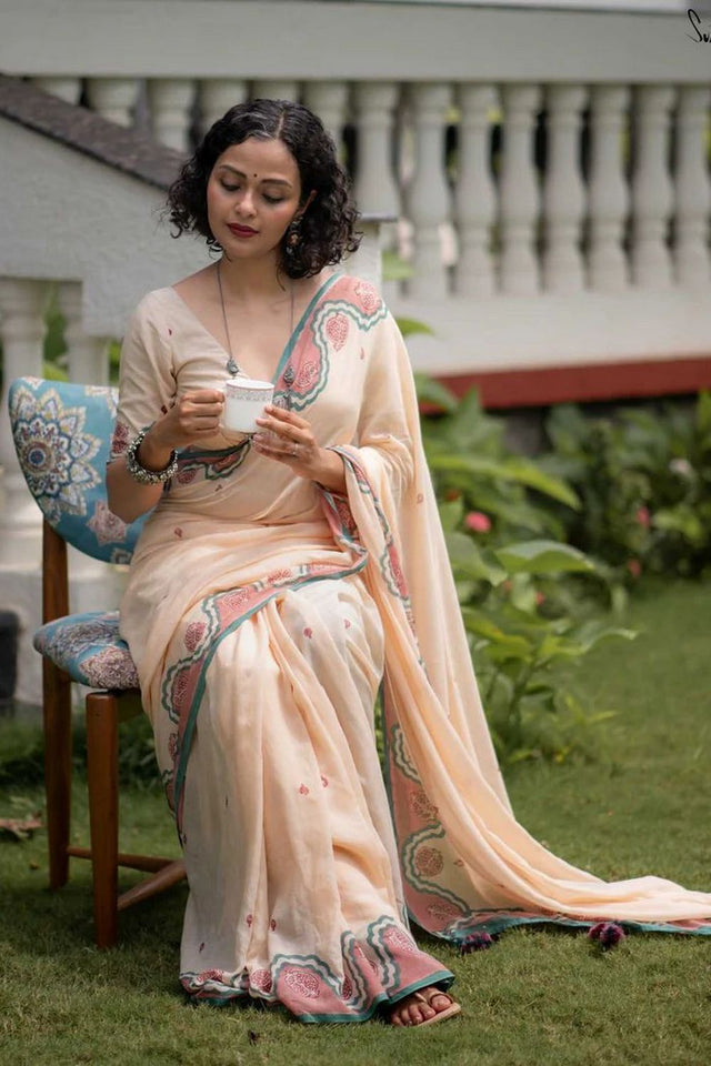 Peach Printed Cotton Saree (ACB1435)