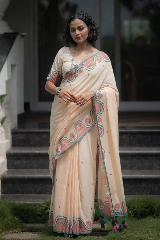 Peach Printed Cotton Saree (ACB1435)