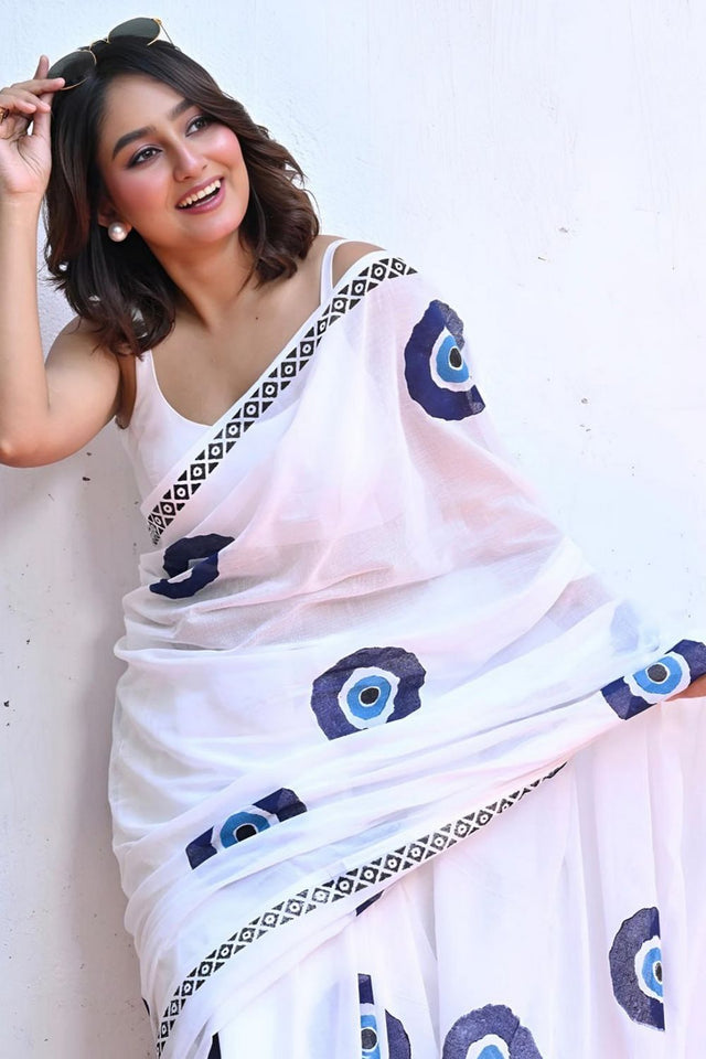 White Printed Cotton Saree (ACB1437)