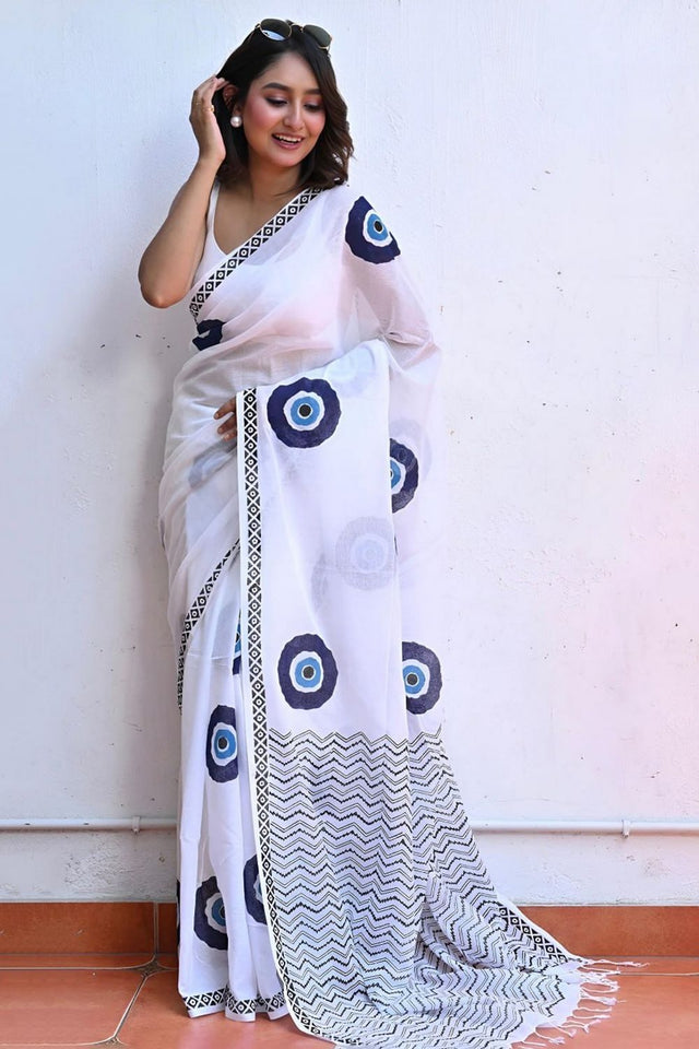 White Printed Cotton Saree (ACB1437)