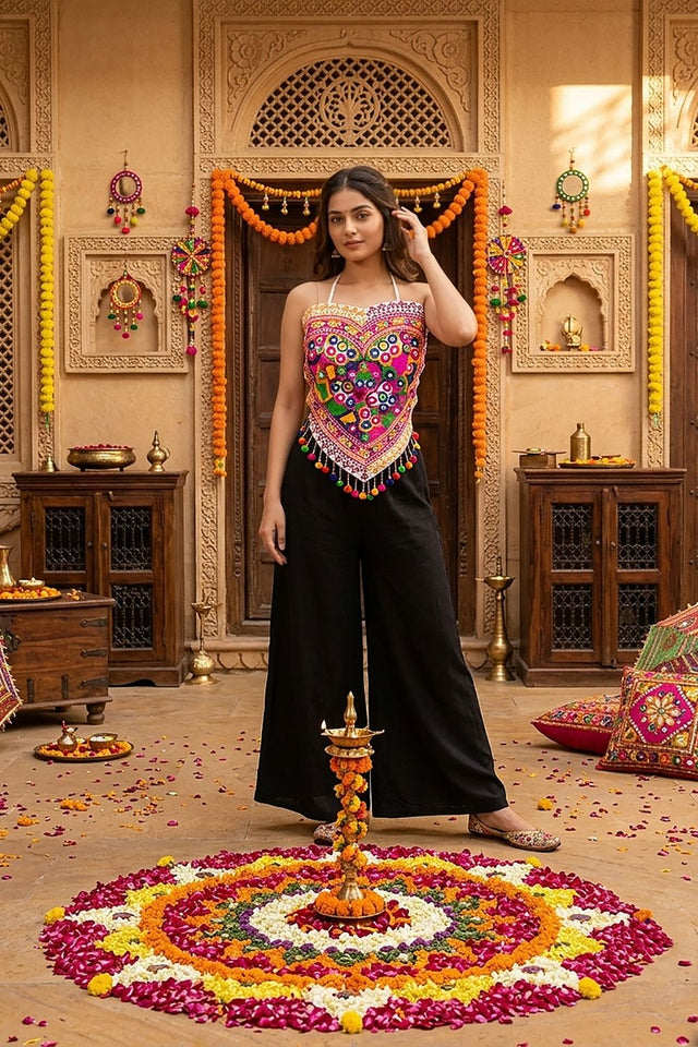 Multi Color Embroidered with Mirror Work Cotton Top (ACB1439)
