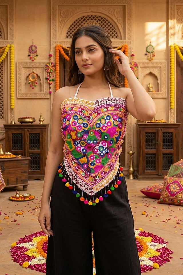 Multi Color Embroidered with Mirror Work Cotton Top (ACB1439)