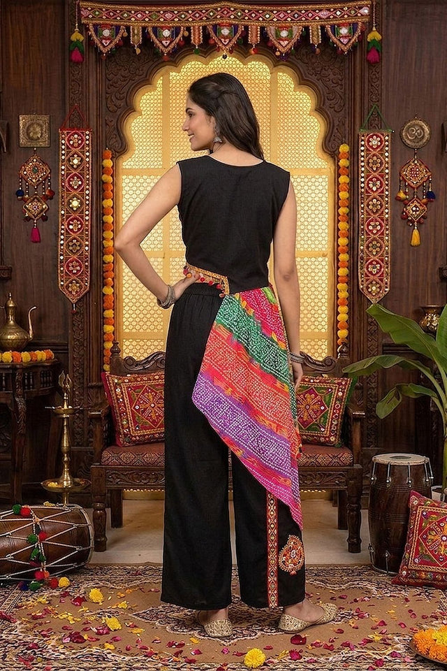 Black Embroidered with Mirror Work Chinon Co-Ord Set (ACB1441)