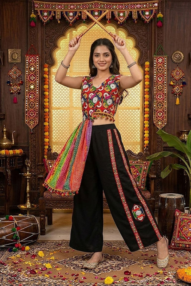 Black Embroidered with Mirror Work Chinon Co-Ord Set (ACB1441)