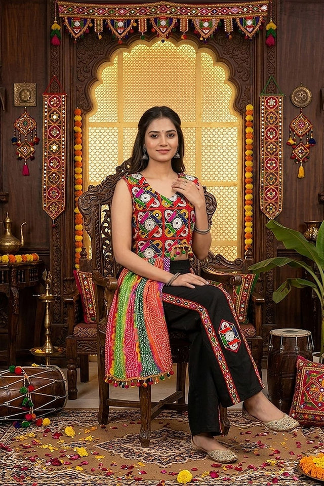 Black Embroidered with Mirror Work Chinon Co-Ord Set (ACB1441)