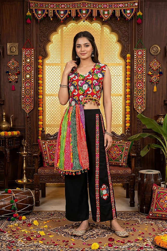 Black Embroidered with Mirror Work Chinon Co-Ord Set (ACB1441)