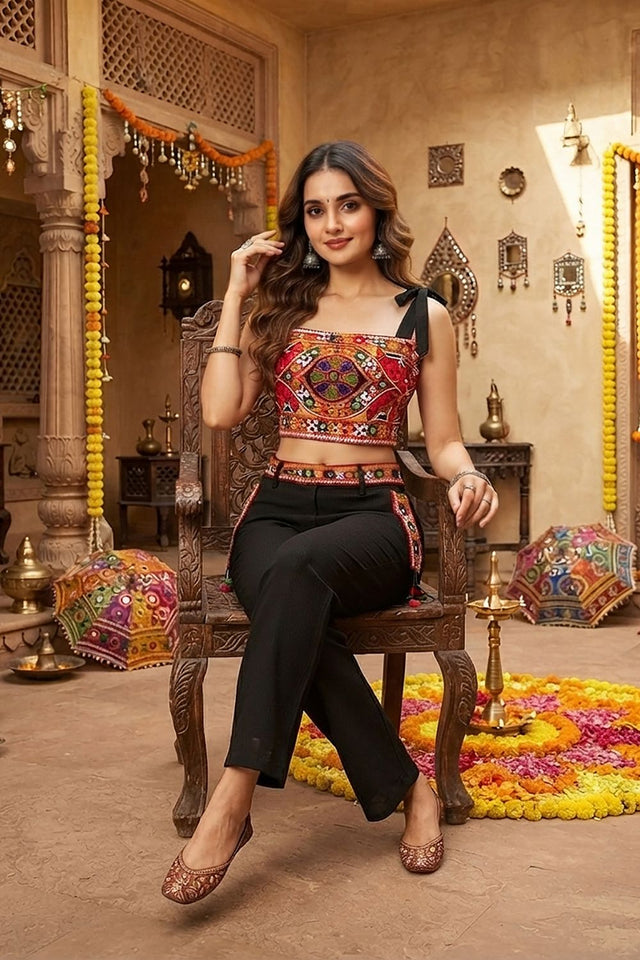 Multi Color Embroidered with Mirror Work Cotton Blend Co-Ord Set (ACB1443)