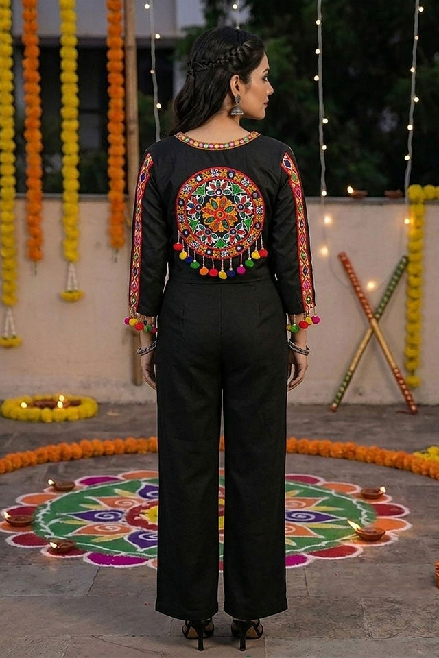 Black Embroidered with Mirror Work Cotton Co-Ord Set (ACB1445)