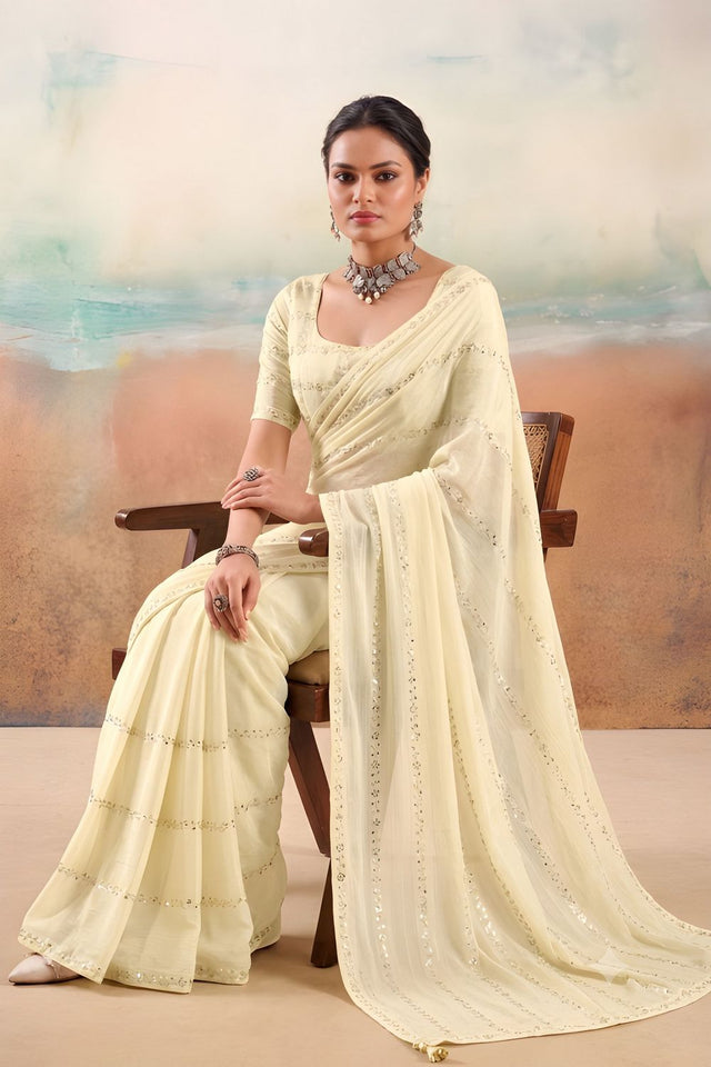 Cream Embroidered Chiffon Saree (ACB1447)