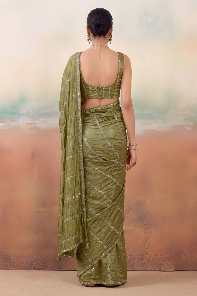 Mehendi Floral Embroidered Chiffon Saree (ACB1451)