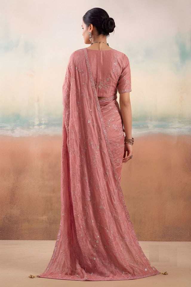 Peach Floral Embroidered Chiffon Saree (ACB1452)