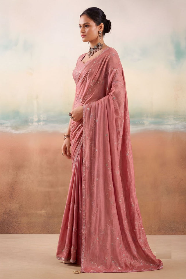 Peach Floral Embroidered Chiffon Saree (ACB1452)