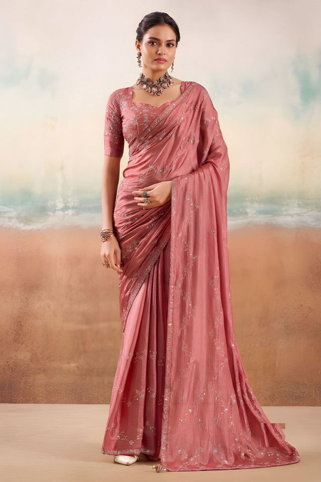 Peach Floral Embroidered Chiffon Saree (ACB1452)