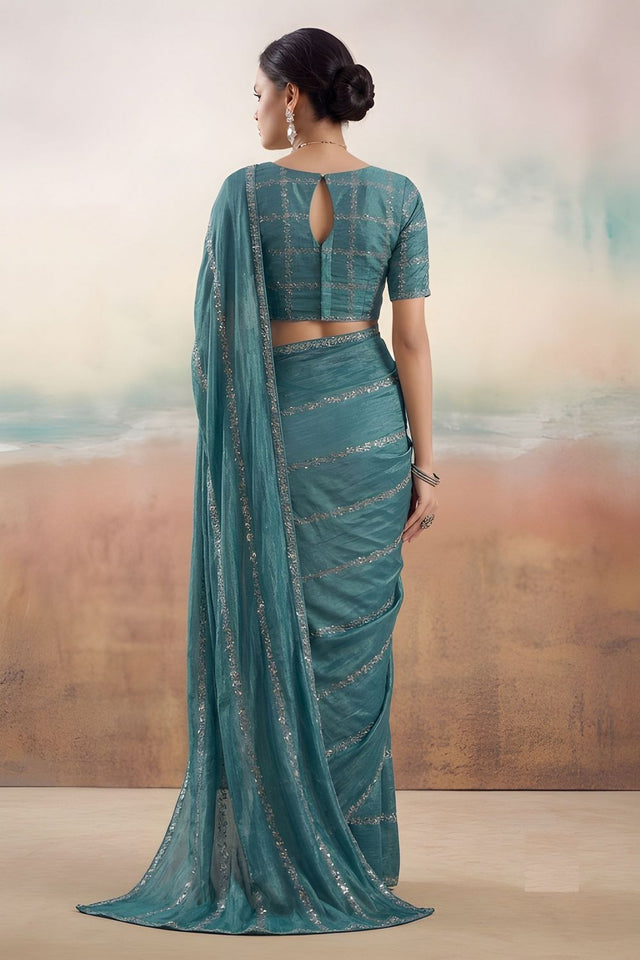 Turquoise Floral Embroidered Chiffon Saree (ACB1453)