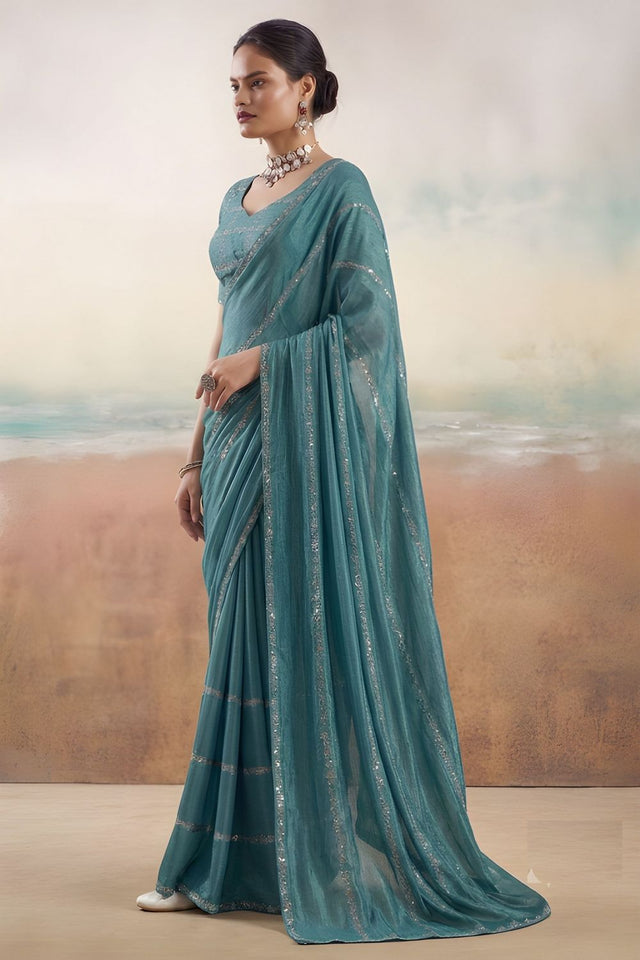 Turquoise Floral Embroidered Chiffon Saree (ACB1453)