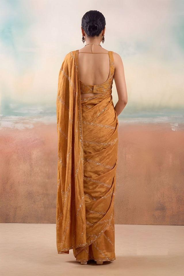 Rust Floral Embroidered Chiffon Saree (ACB1454)