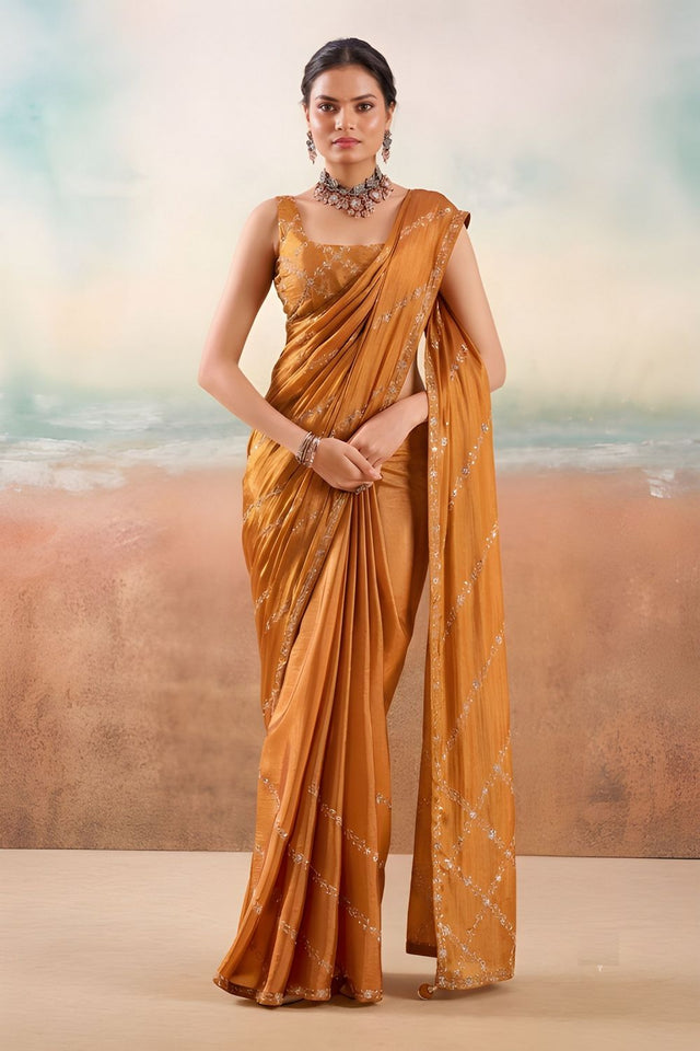 Rust Floral Embroidered Chiffon Saree (ACB1454)