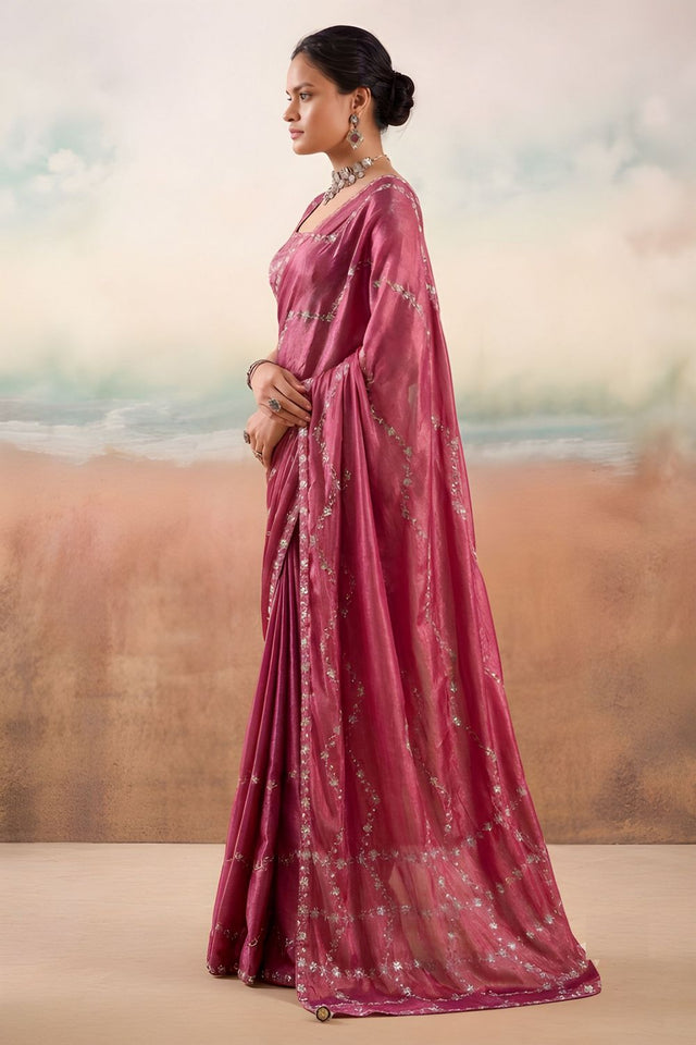 Wine Floral Embroidered Chiffon Saree (ACB1456)