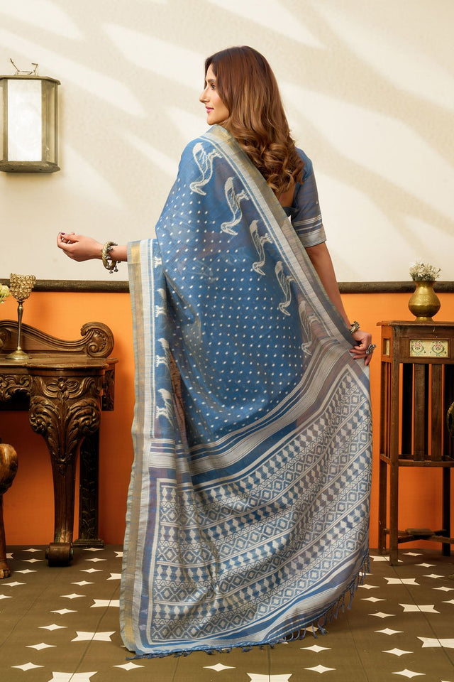 Blue Woven Cotton Saree (ACB1457)