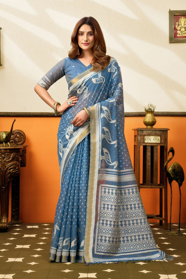 Blue Woven Cotton Saree (ACB1457)