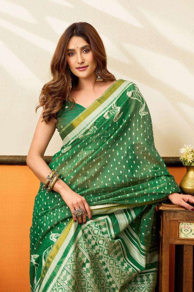Green Woven Cotton Saree (ACB1458)