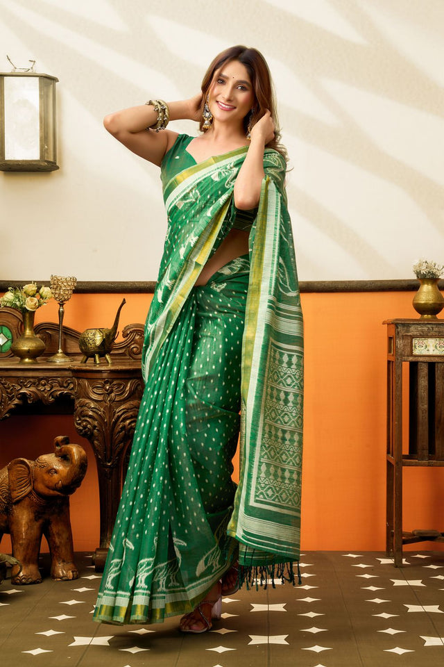 Green Woven Cotton Saree (ACB1458)