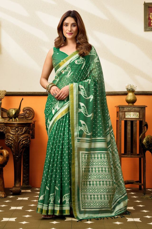 Green Woven Cotton Saree (ACB1458)