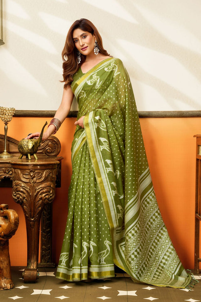 Mehendi Woven Cotton Saree (ACB1461)