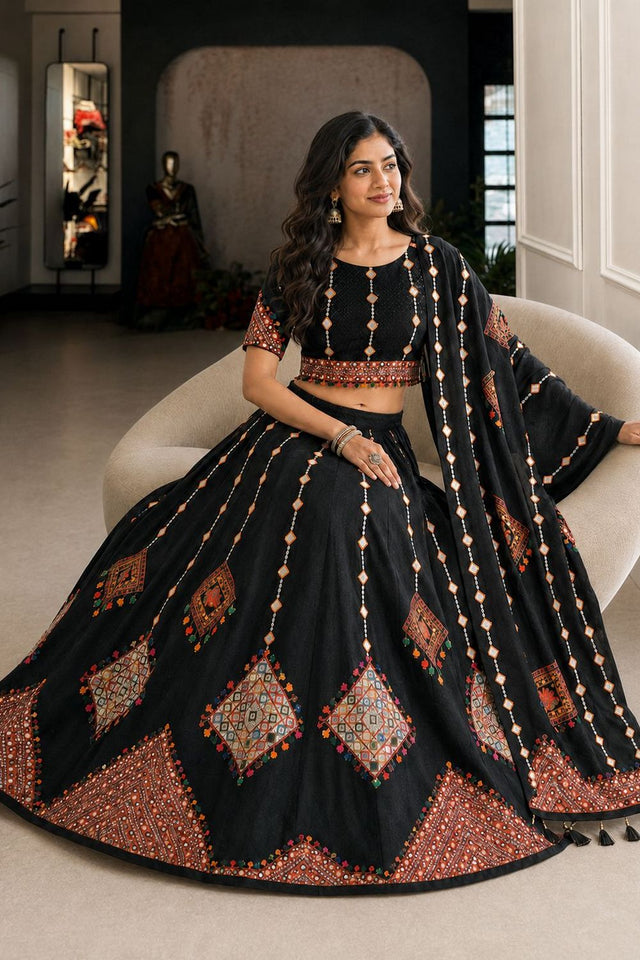 Black Printed Cotton Blend Lehenga (ACB1464)