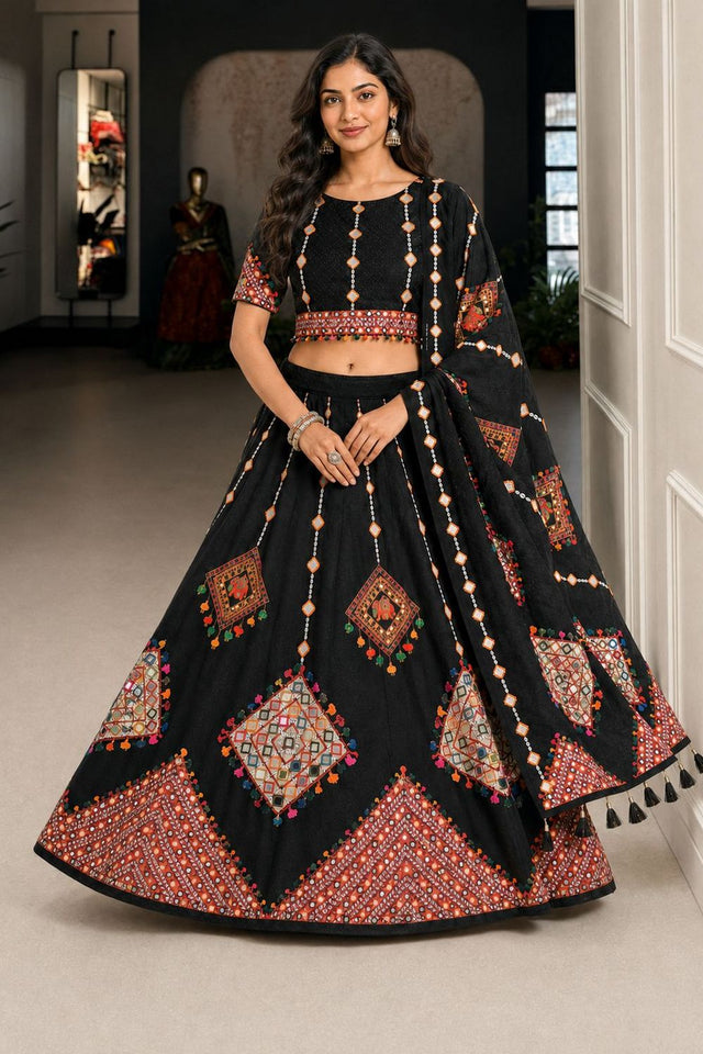 Black Printed Cotton Blend Lehenga (ACB1464)
