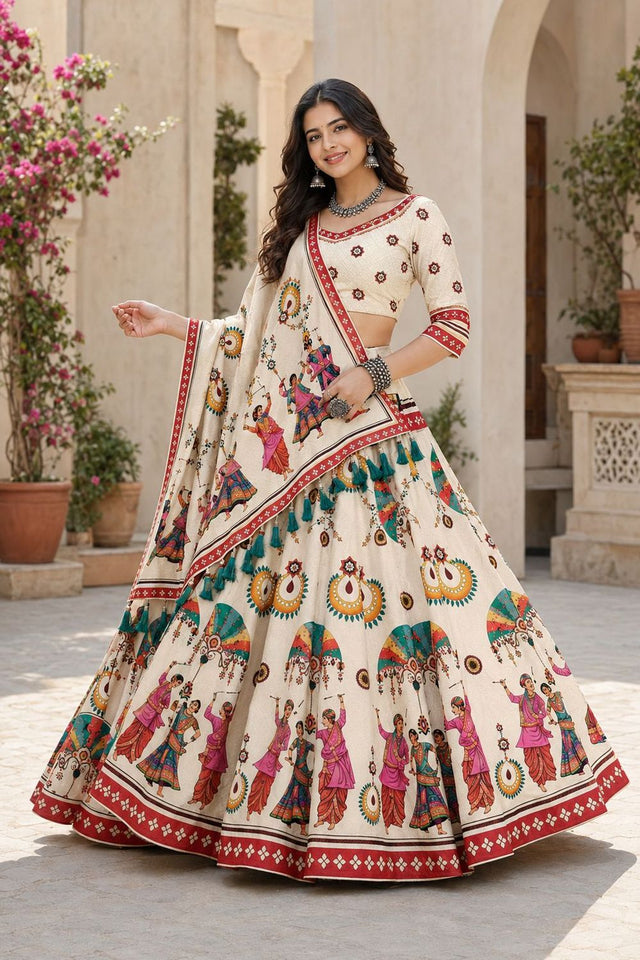 Cream Printed Cotton Blend Lehenga (ACB1469)