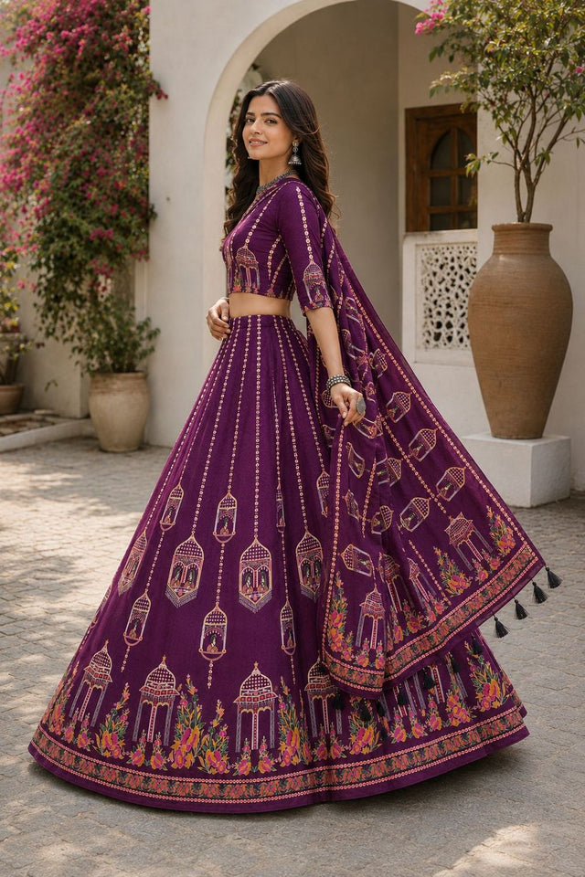 Purple Printed Cotton Blend Lehenga (ACB1470)