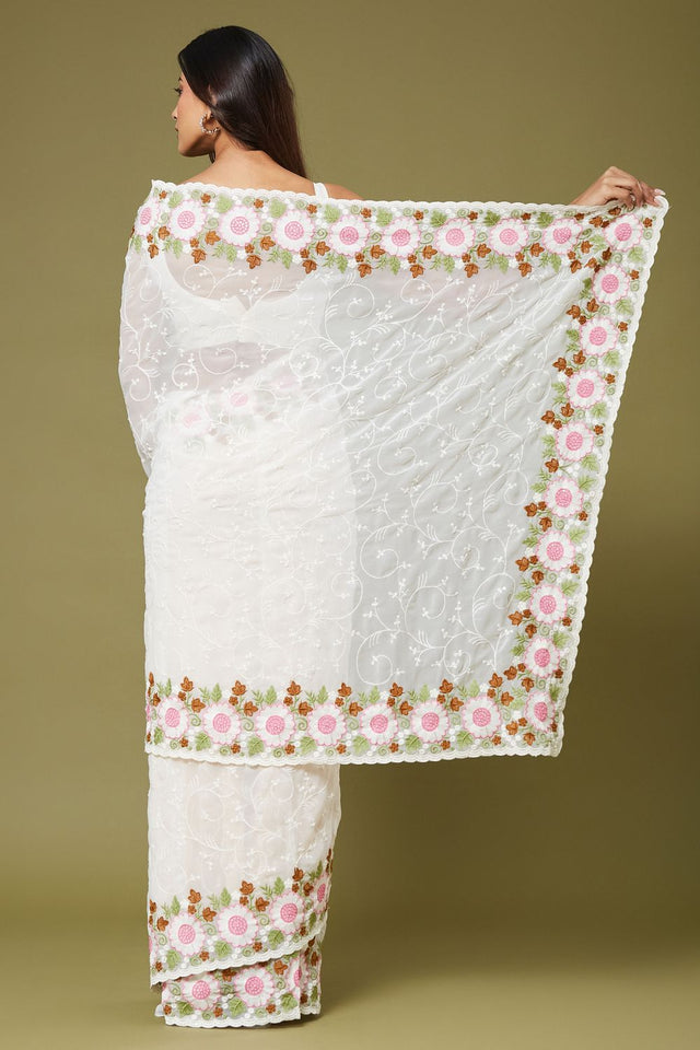 White Floral Embroidered Chiffon Saree (ACB1472)