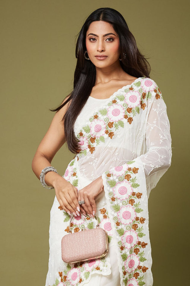 White Floral Embroidered Chiffon Saree (ACB1472)