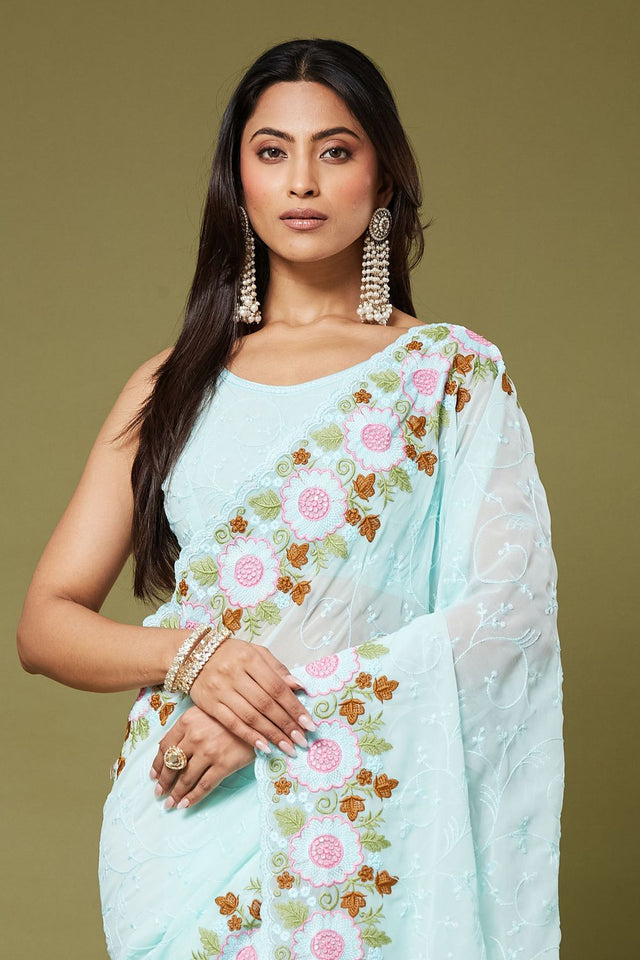 Sea Green Floral Embroidered Chiffon Saree (ACB1473)