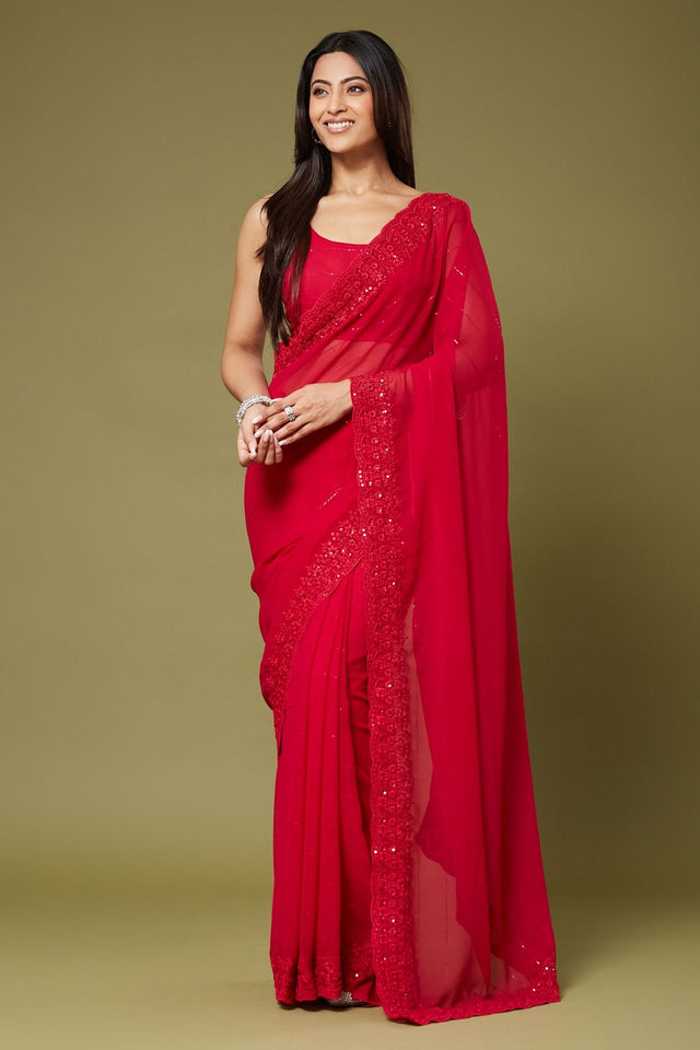 Red Sequin with Embroidered Georgette Saree (ACB1474)