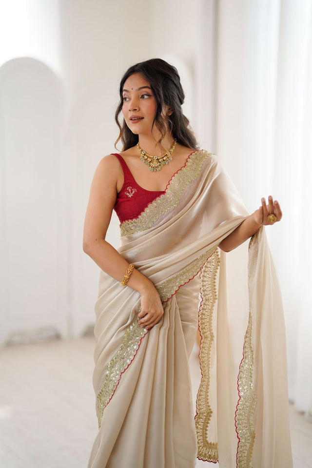 Beige Solid with Zari Border Silk Saree (ACB1475)