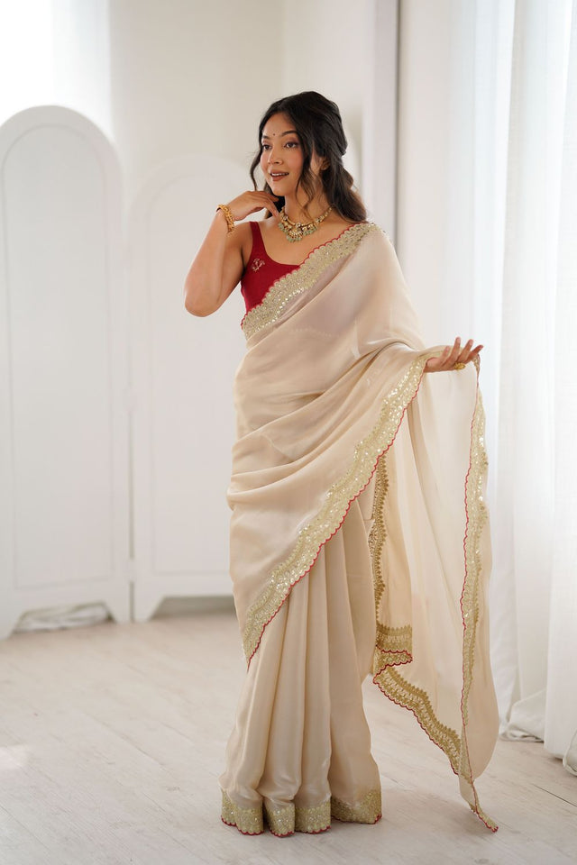 Beige Solid with Zari Border Silk Saree (ACB1475)