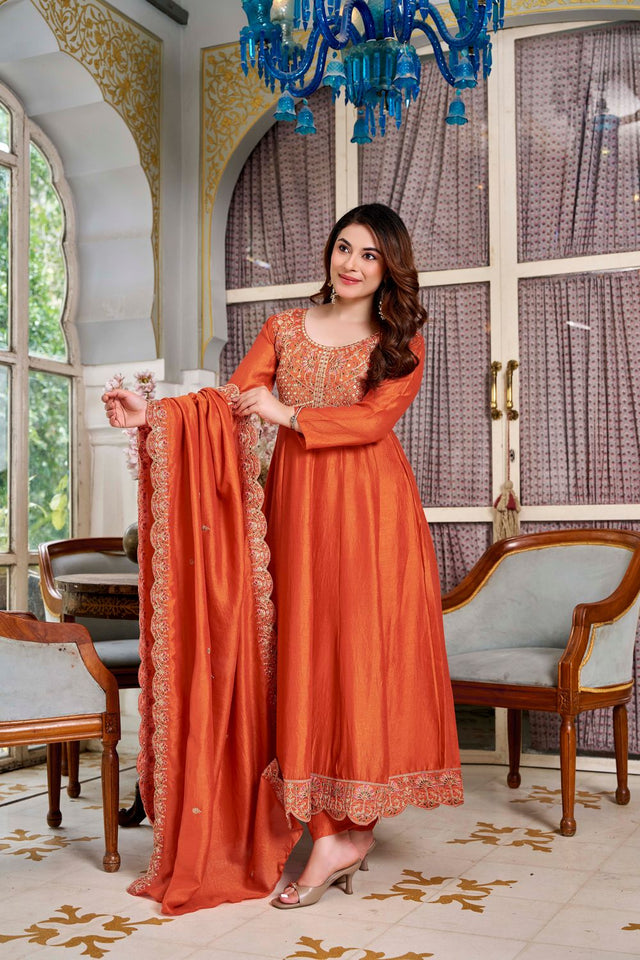 Rust Sequin with Embroidered Silk Anarkali Suit (ACB1477)