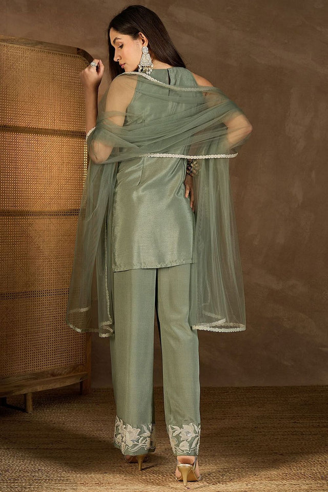 Green Floral Embroidered Chinon Palazzo Suit (ACB1479)