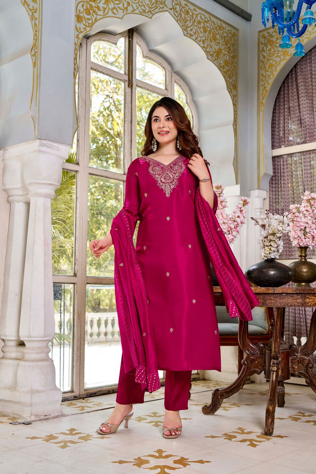 Pink Embroidered Viscose Straight Cut Suit (ACB1481)