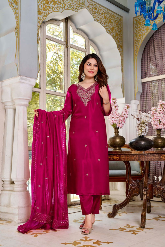 Pink Embroidered Viscose Straight Cut Suit (ACB1481)